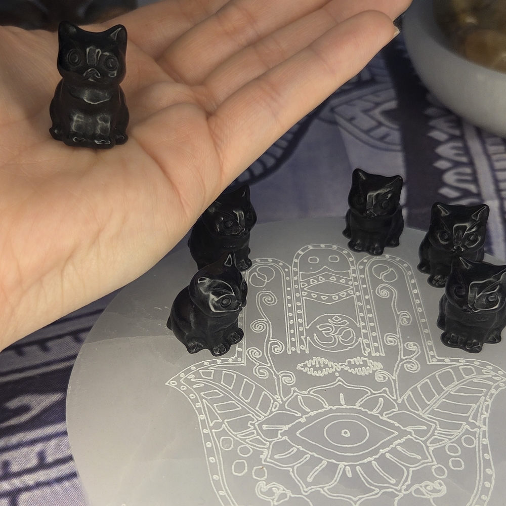 6 Small Black Obsidian Cat Carving Set